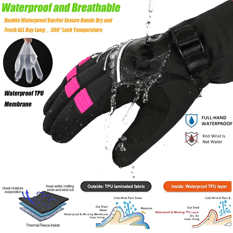 MOREOK Waterproof & Windproof -30Â°F Winter Gloves for Men/Women, 3M Thinsulate Thermal Gloves Touch Screen Warm Gloves for Skiing,Cycling,Motorcycle,Running-Pink-XS - Image 3